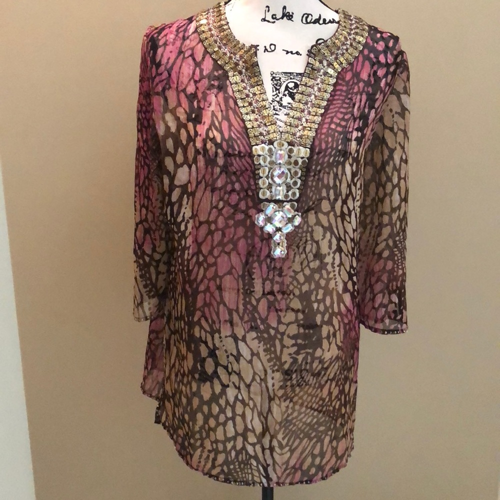 Chico’s Purple & Tan Sheer Blouse